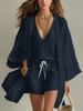 Women's V Neck Sleeveless Top Drawstring Shorts and Oversized Cardigan Three Piece Set