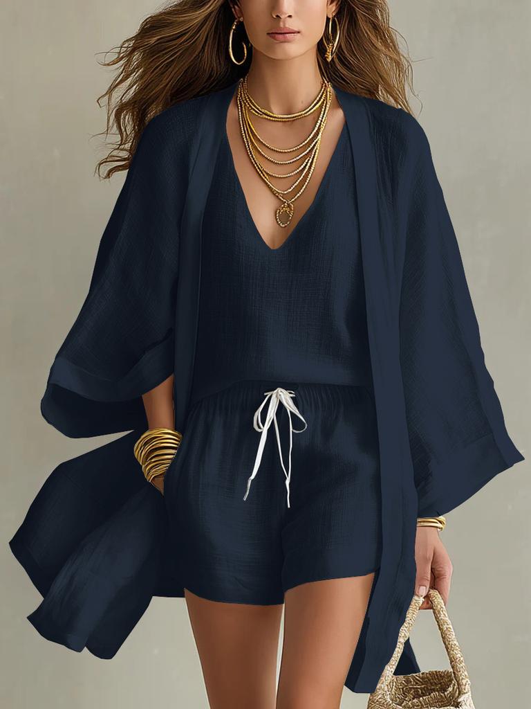 Women's V Neck Sleeveless Top Drawstring Shorts and Oversized Cardigan Three Piece Set