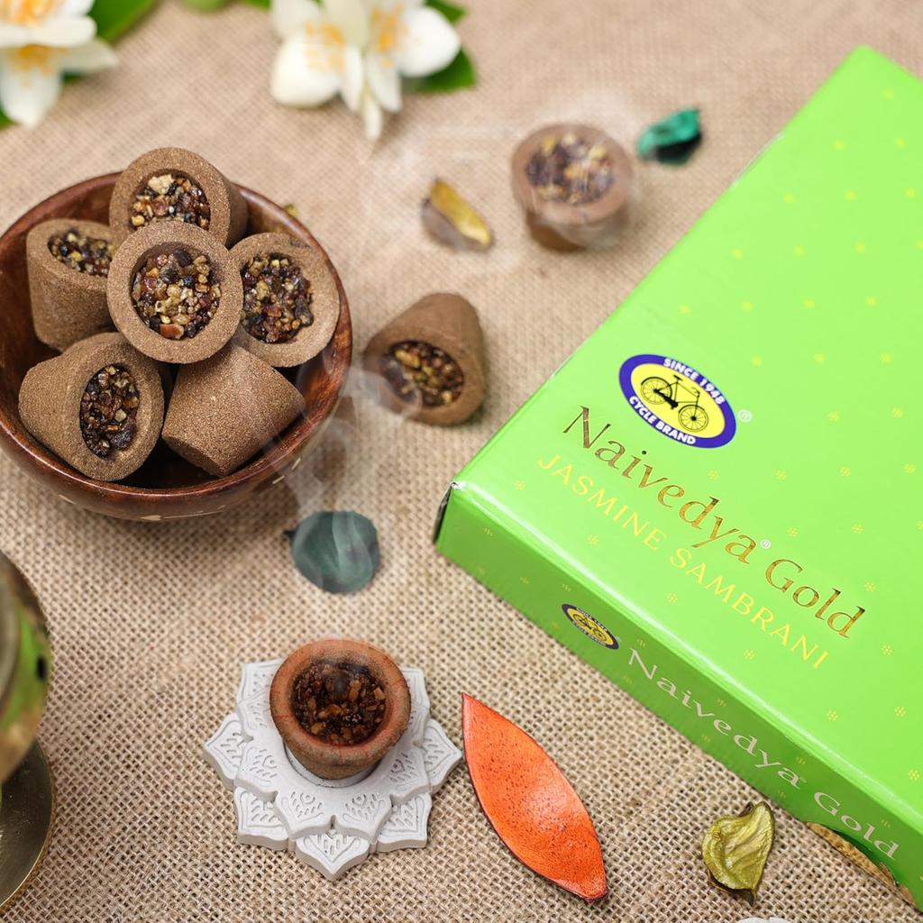 Cycle Pure Naivedya Gold Jasmine Sambrani Dhoop Cups Pack of 2 18 Pcs Charcoal-Free Havan Rituals