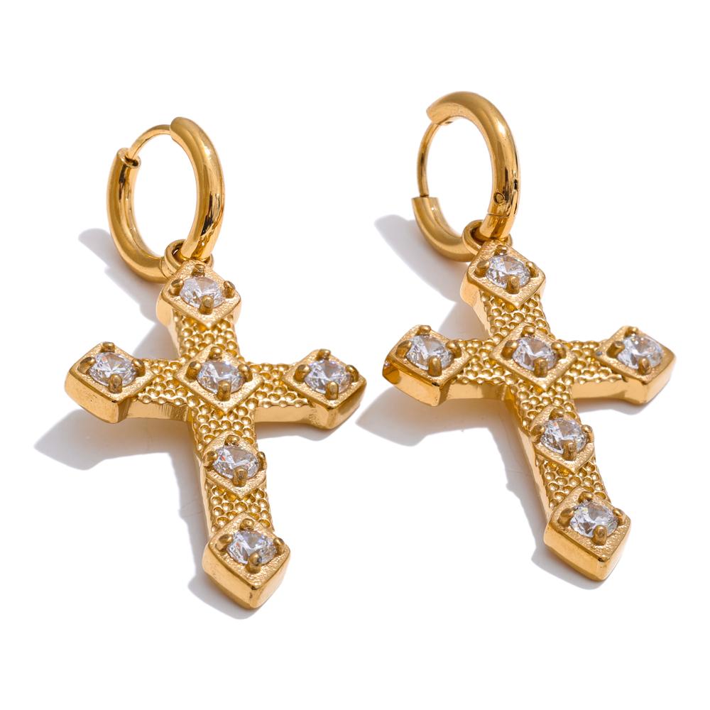 Yhpup Trending Bling Cubic Zirconia Classic Cross Drop Hoop Earrings 18K Gold Color PVD Plated Stainless Steel Exquisite Jewelry