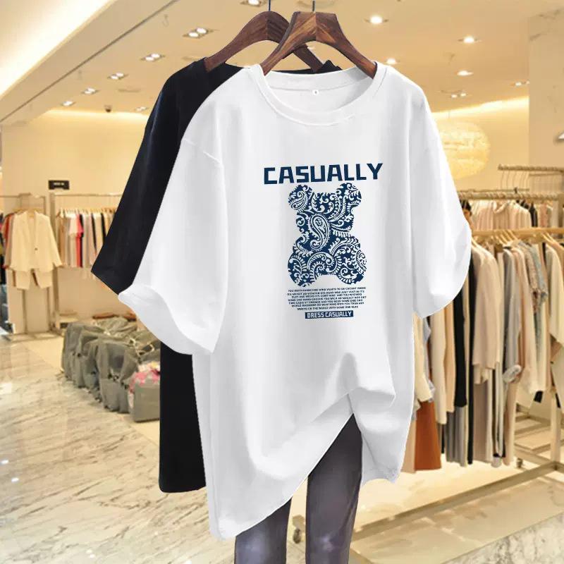 

2023 Summer Korean Bear Graphic Oversized White T-Shirt - Women s Casual Short Sleeve Large синій