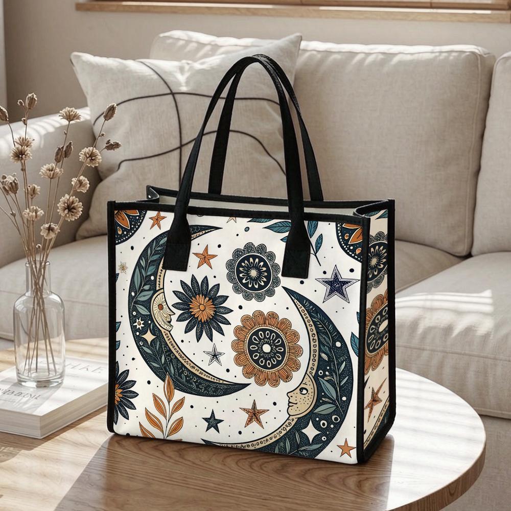 Boho Moon Floral Printed Canvas Tote Bag Casual Portable Shopping Handbag for Daily Use