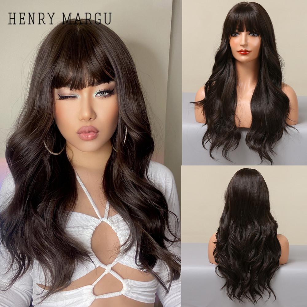 HENRY MARGU Ilgi vandens banguoti sintetiniai perukai nuo rudos iki blondinės spalvos Ombre perukai su kirpčiukais moterims vakarėliams Cosplay karščiui atsparūs perukai
