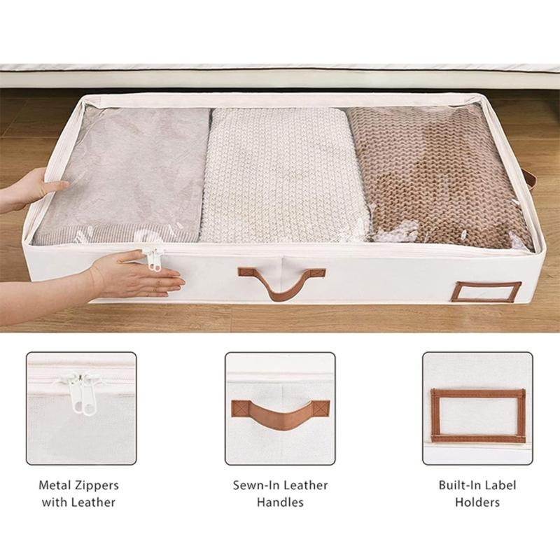 Foldable Under Bed Storage Box for Clothing and Bedding Clothes Organizer with Front and Side Handle and Label Holder