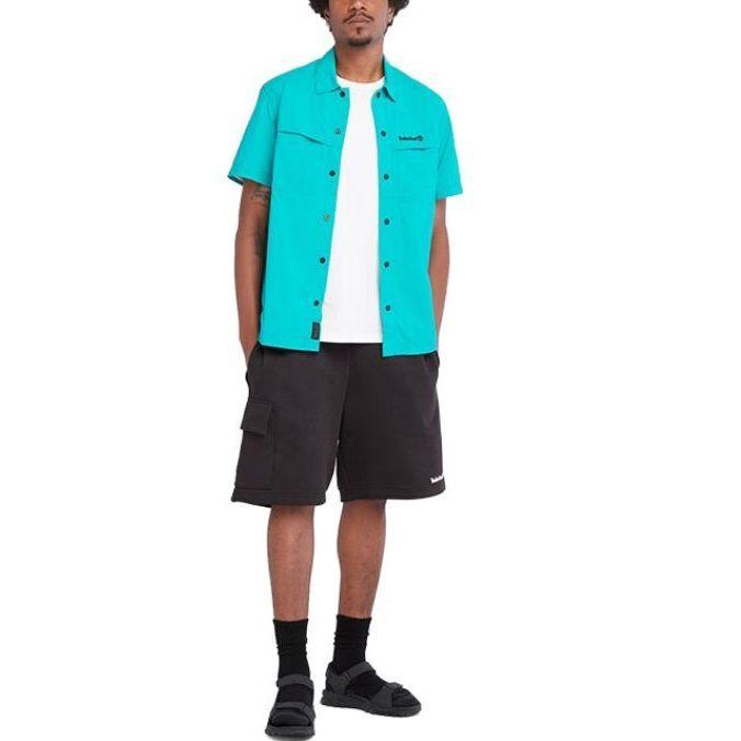 Timberland Solid Color Button-Down Short Sleeve Shirt Men shirts Green A68DH-E34
