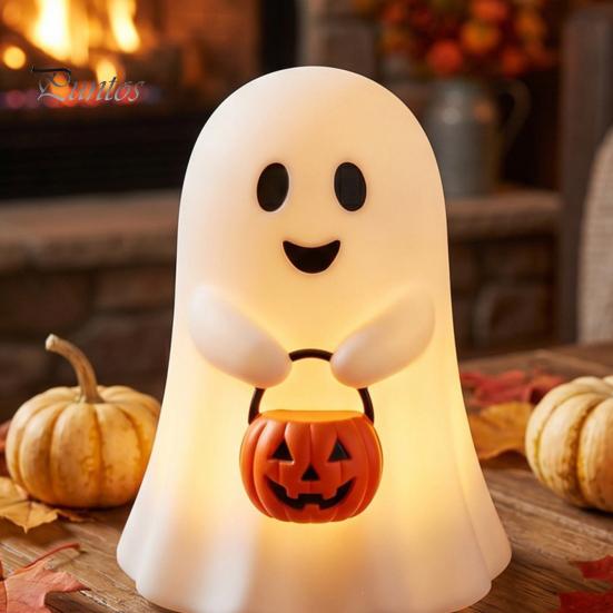 Festival Atmosphere Supplies Cute Ghost Holding Pumpkin Bucket Table Lamp, Halloween Spooky Bedside Christmas Eve Party Small LED Night Light