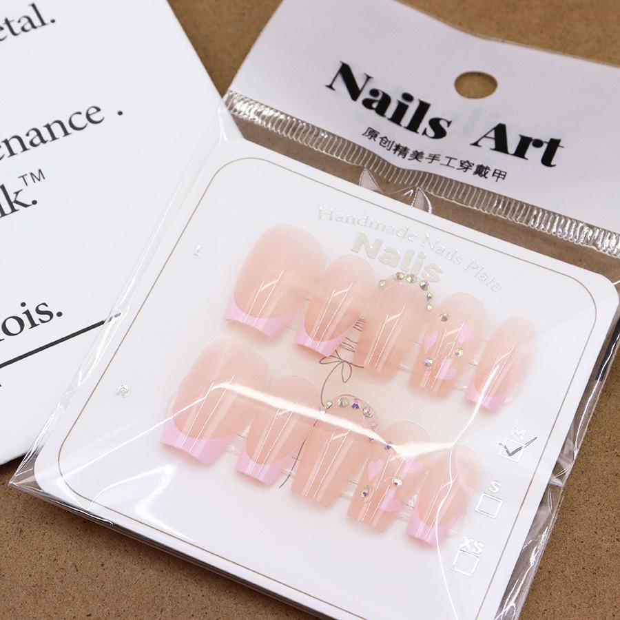 Rhinestone Pink Heart French Nail Art – Nude Fashionable Wearable Nails
