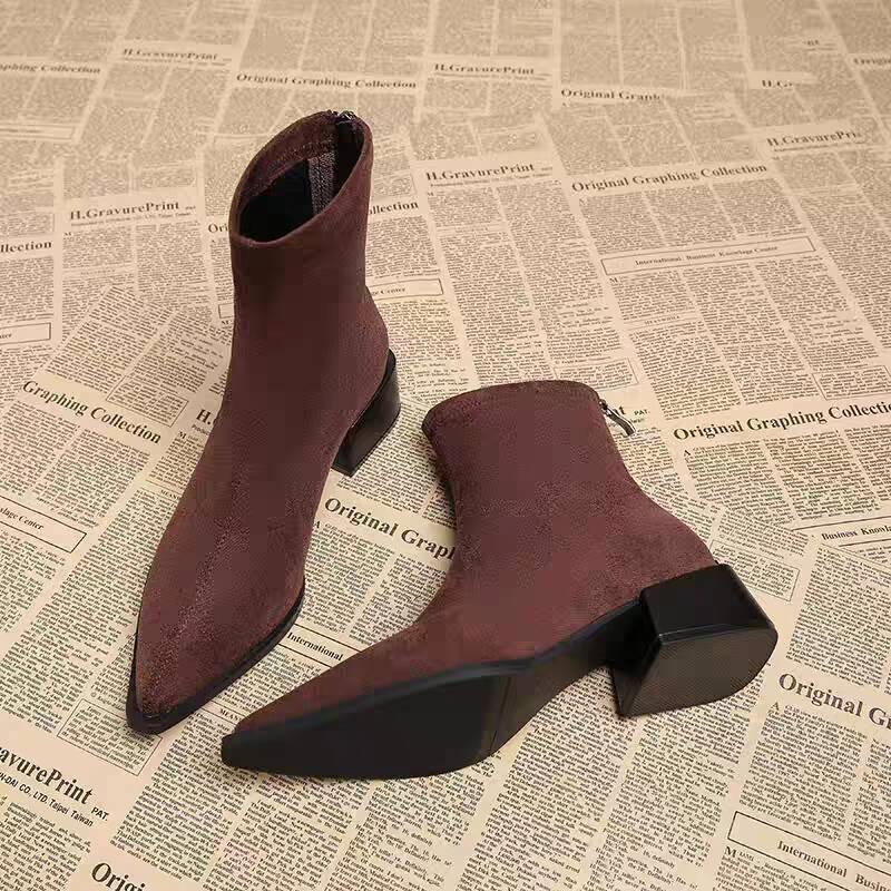 Fashion Autumn Leopard SuedeWomen Ankle Boots Thick Heels Pointed Toe Shoes Modern Short Botas Para Mujer