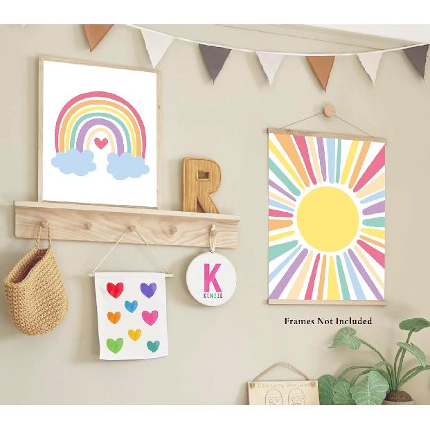 Pink Nursery Canvas Wall Art Rainbow Art Poster,Boho Rainbow Sun Hearts Canvas Wall Art,Kids Bedroom Baby Girls Toddler Pastel Wall Print for
