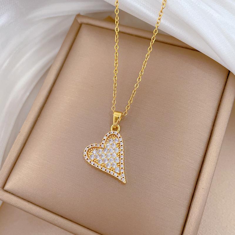 Romantische Glänzende Zirkon Liebe Herz Anhänger Halskette für Frauen Mädchen Edelstahl Kette Trendiger Herz Choker Schmuck Geschenke