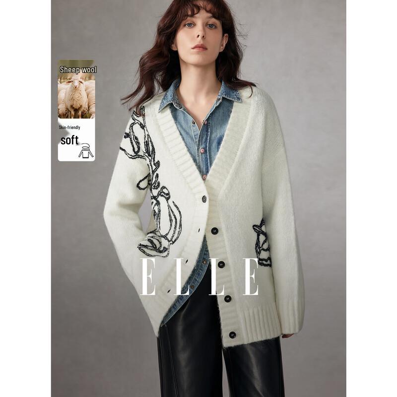ELLE Women's Retro Embroidered V-Neck Knit Cardigan