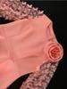 Elegantes Paket Hüftkleid O-Ausschnitt 3D-Blumen-Patchwork Florales Netz Puffärmel Schößchen Kirchenveranstaltung Party Stilvolle Abendanlässe