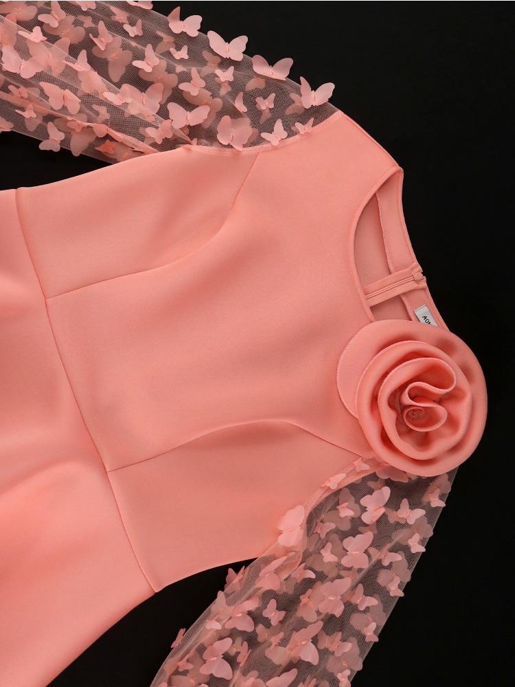 Elegantes Paket Hüftkleid O-Ausschnitt 3D-Blumen-Patchwork Florales Netz Puffärmel Schößchen Kirchenveranstaltung Party Stilvolle Abendanlässe