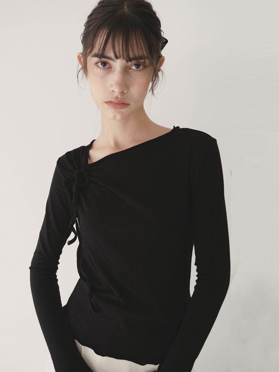 Ed Mang Wool Tencel Ribbon Shirred Top - Black Black/Free
