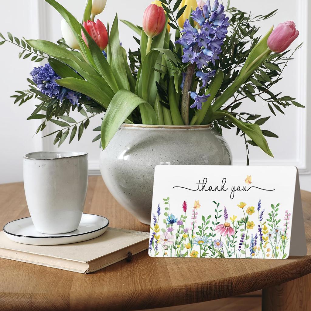 Lavendel Gänseblümchen Frühling Floral Dankeskarten mit Umschlägen & Aufklebern, Abgerundete Ecke Faltbares Blanko Notizkarten Set für Geschenke
