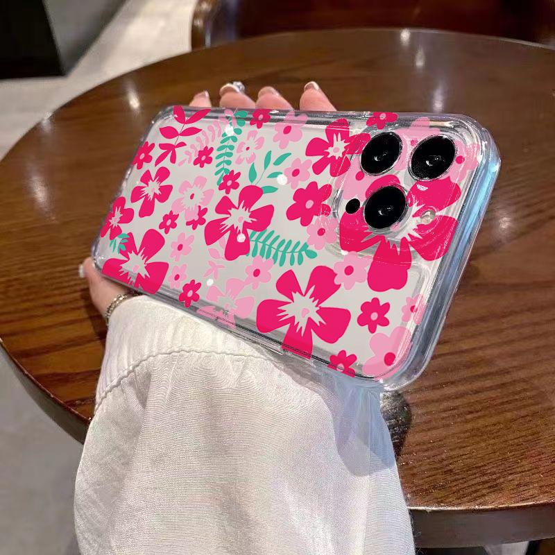 Pink Flower & Leaf Design Phone Case For iPhone 17 16 Pro Max 15 Pro 14 Plus 13 12 11 X XS XR 7 8 Plus 16E 17Air TPU Clear Cover