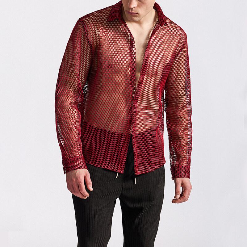 New Men's Hollowed Out Nightclub Long Sleeved Shirt Solid Color Single Breasted Personality Performance Dance Perspective Shirts