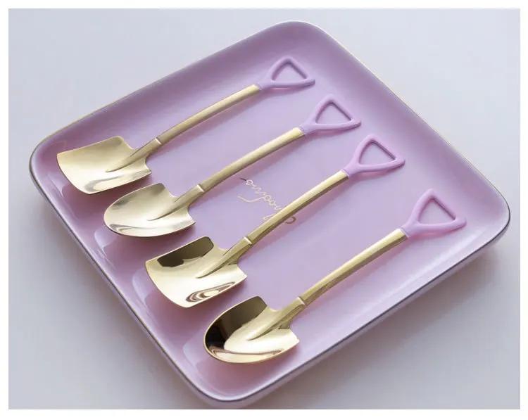 Kuchyňské náčiní Vícebarevná lžíce Železná Tvar katalpy Retro Roztomilá Čtvercová hlava Dětská lžíce Nerezová ocel Lopatka Lžičky na zmrzlinu