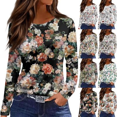 Women's Fashion Casual Slit Hem Round Neck Long Sleeve Loose  Printed T-Shirt Ladies Top