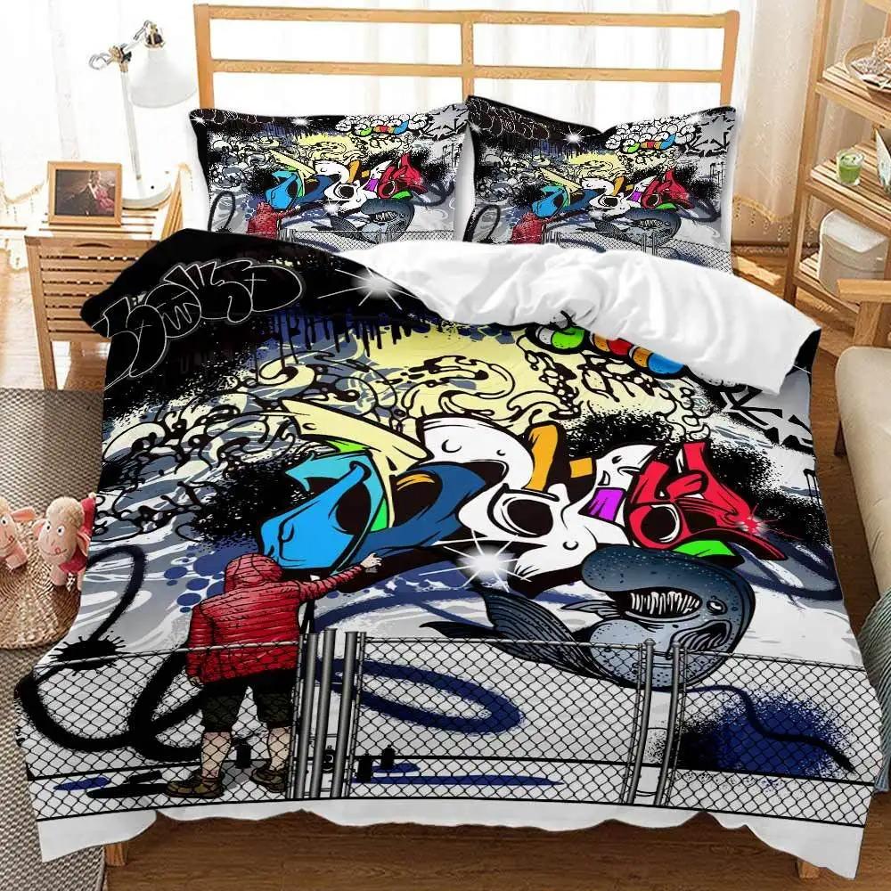 Hip Hop Bettbezug King Queen Size Farbe Street Culture Wand Graffiti Kunst Rockmusik Sport Polyester Bettwäsche Set für Kind Teenager