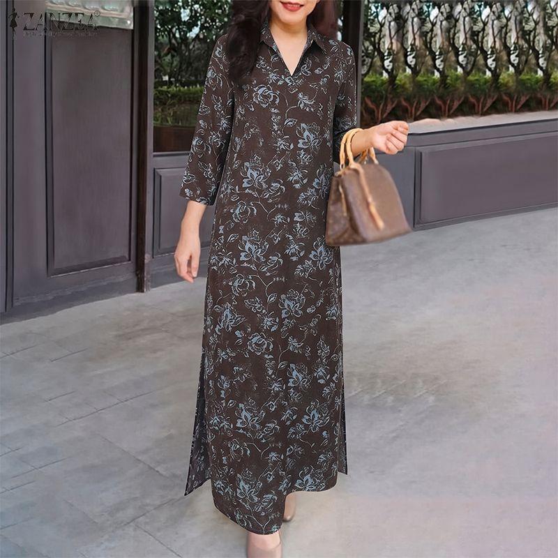 ZANZEA Women Vintage 3/4 Sleeve Lapel  Neck Elegant Buttons Kaftan Floral Maxi Shirts Dress