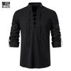 Men's New Men's Cotton and Linen Henry Shirt, Long-sleeved Hippie Casual Beach Stand-up Collar Shirt