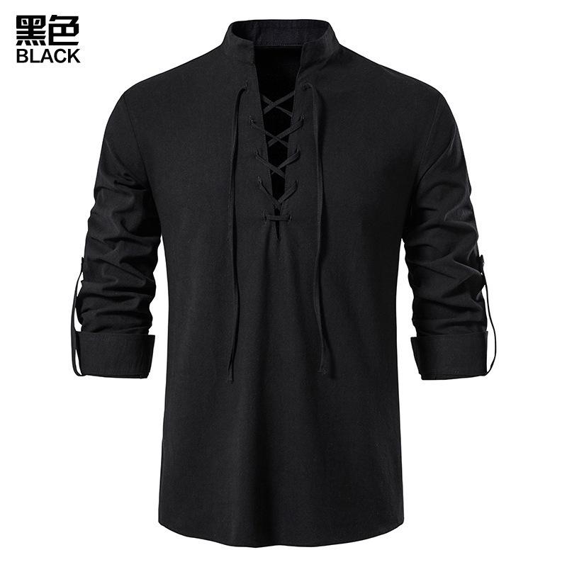 Men's New Men's Cotton and Linen Henry Shirt, Long-sleeved Hippie Casual Beach Stand-up Collar Shirt