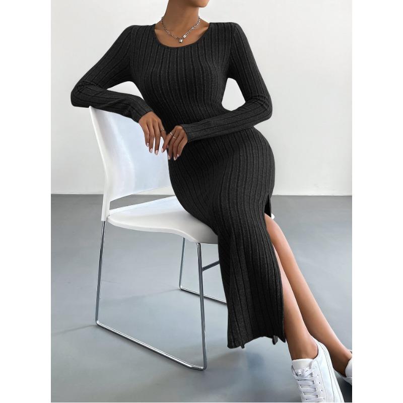 Abito Lungo da Donna a Maniche Lunghe con Scollo Rotondo e Spacco in Maglia