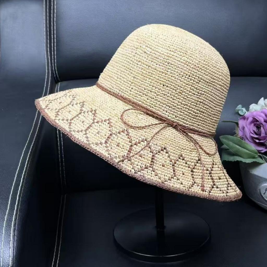 Handmade Hook Raffia Hat Women's Summer Visor Hat Beach Hat Sun Hat Travel Foldable Basin Hat Bucket Hat