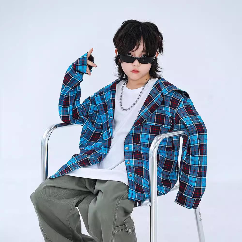Spring & Autumn 2024 Boys' Classic Plaid Hooded Long-Sleeve Shirt