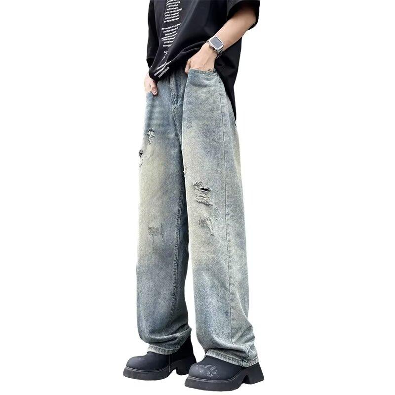 Men'S Retro Washed Vintage Wide Leg Jeans, Men'S Loose Straight Leg Casual Versatile Vibe Hanging Long Pants