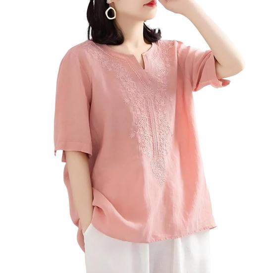 Women Tops V-Neck Short Sleeve Embroidery Flower Pattern Pullover Tops Solid Color Loose Fit Casual T-shirt Daily Wear
