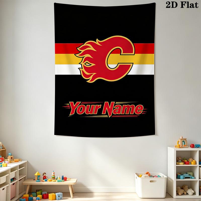 Name Custom Calgary Flames Logo Wall Tapestry Aesthetic Wall Hanging Printed Fabric Blanket Decorative Tapestries for Bedroom Living Room Home Decor