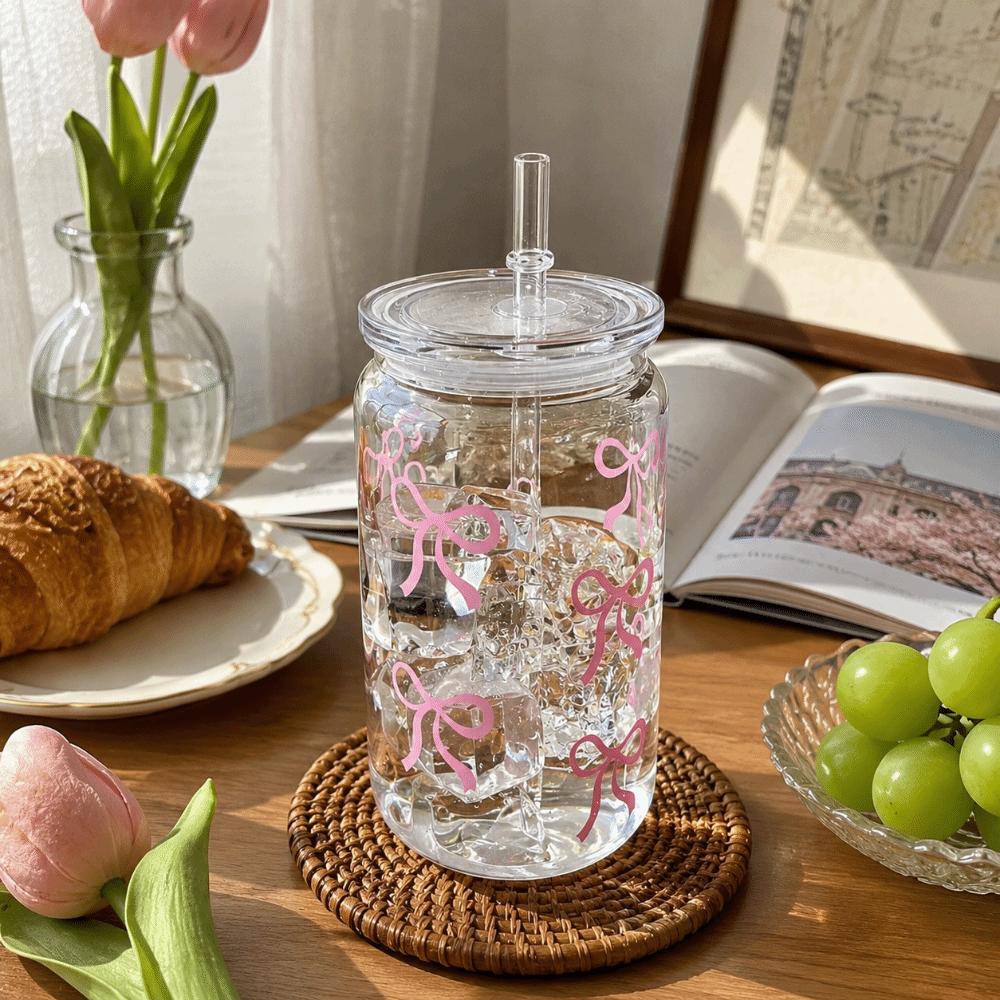 Transparent Clear Straw Cup With Lids Drinking Cup Sweet Bow Cup Student