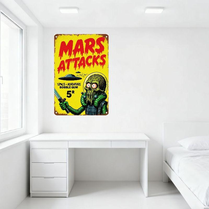 Vintage Mars Attacks Metal Tin Sign with Green Martian UFO 1950s Sci-Fi Retro Spooky Decor for Bar Home Cave