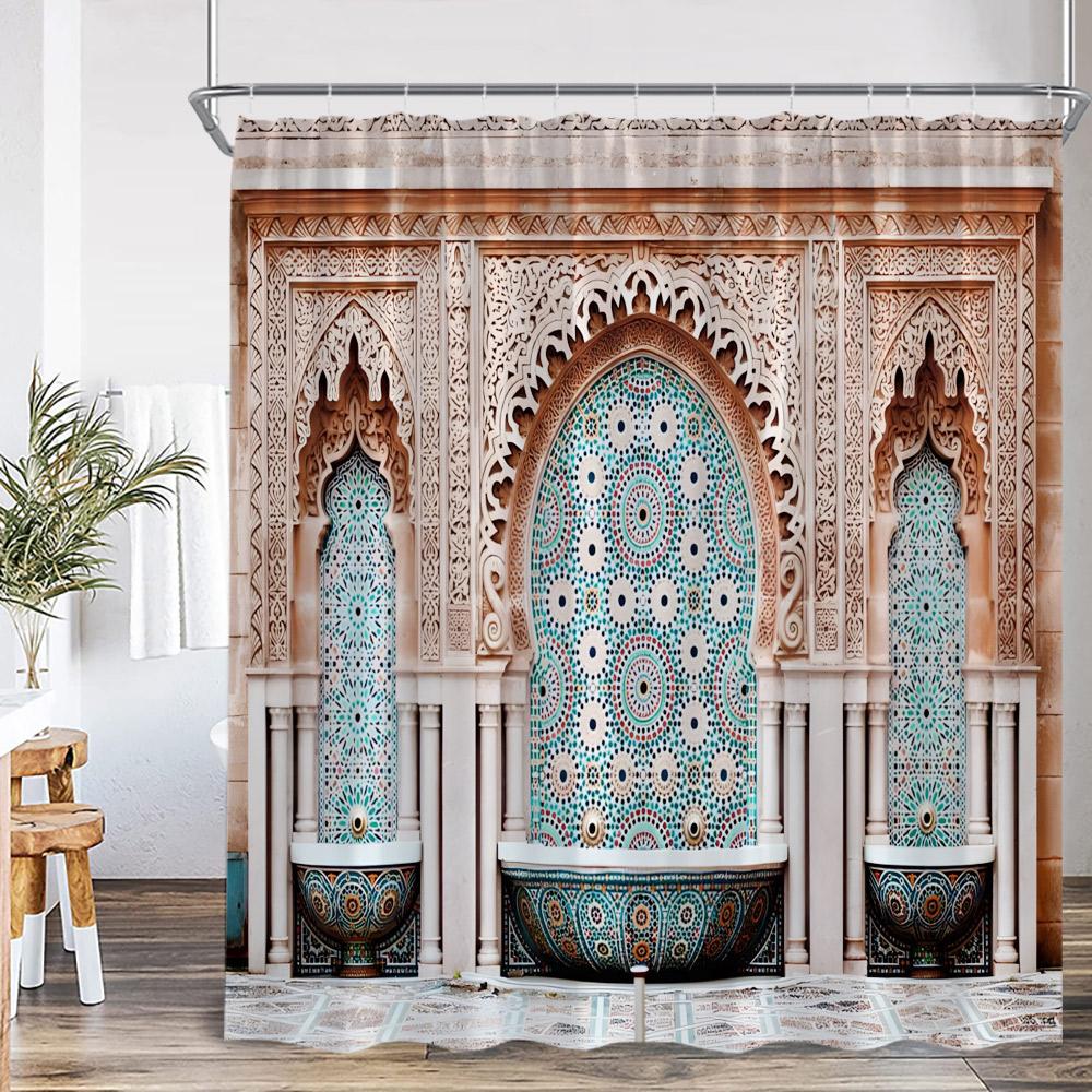 3D Moroccan Vintage Shower Curtain Aged Gate Geometric Pattern Doorway Design Entrance Architectural Oriental Style Bathroom Cur