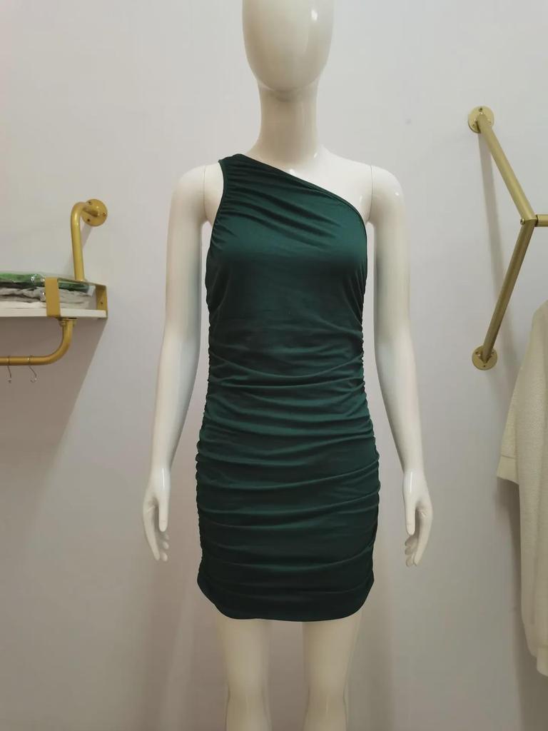 2022 Summer European & American Solid Color Pleated Off-Shoulder Dress