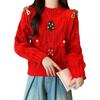 Red Christmas Themed Sweater Women's Long Sleeved Threaded Pullover Loose Casual Women's Chic Top Clothing