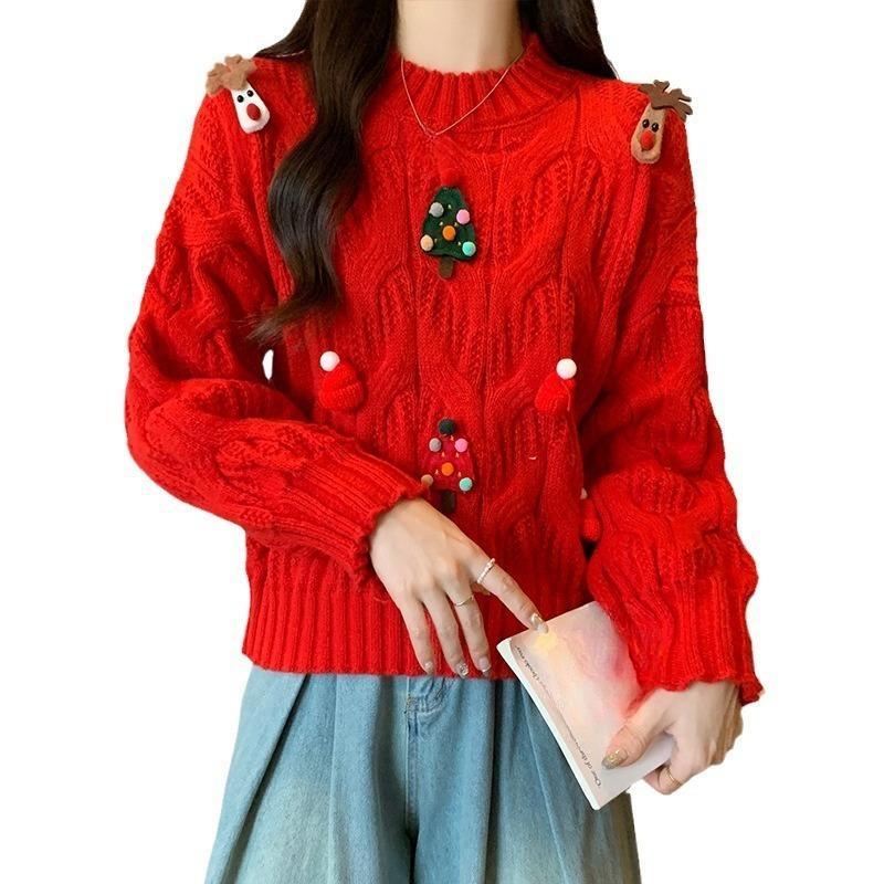 Red Christmas Themed Sweater Women's Long Sleeved Threaded Pullover Loose Casual Women's Chic Top Clothing