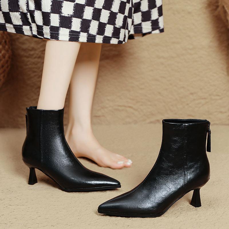 Processing Custom Pointed Short Boots Women's Autumn and Winter Women's Boots White High-heeled Boots Women's Thin-heeled Medium Tube French Short Boo