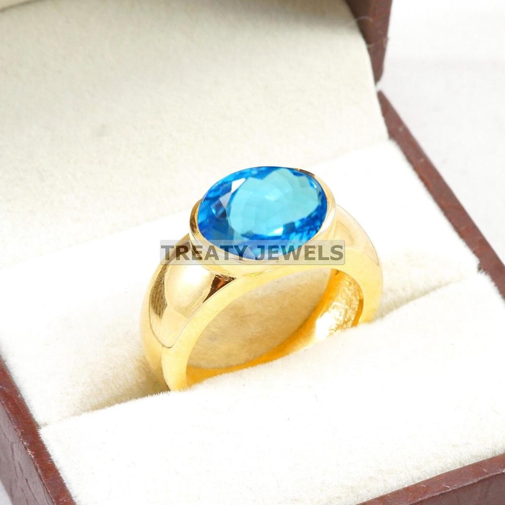 Blue Topaz Oval Cut With 925 Sterling Silver Gold Plated Ring For Men's #A889 JL375669043831