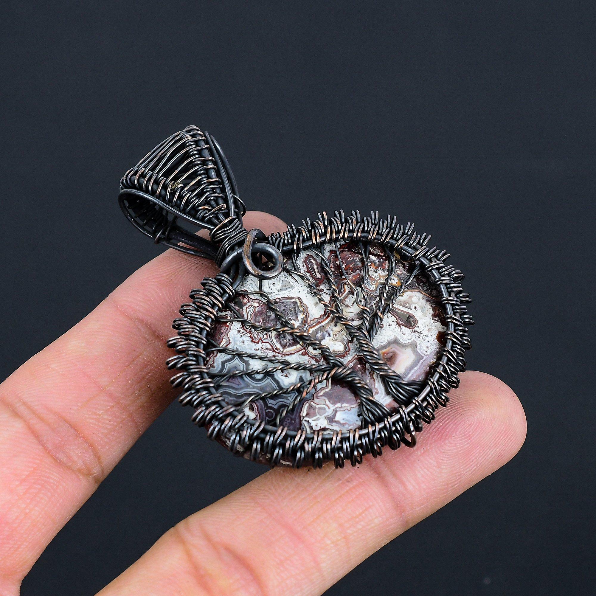 

Двойное Дерево Жизни, сумасшедший кружевной агат, драгоценный камень, кулон из медной проволоки, ручная работа, великолепные ювелирные изделия 2.48 inches коричневый