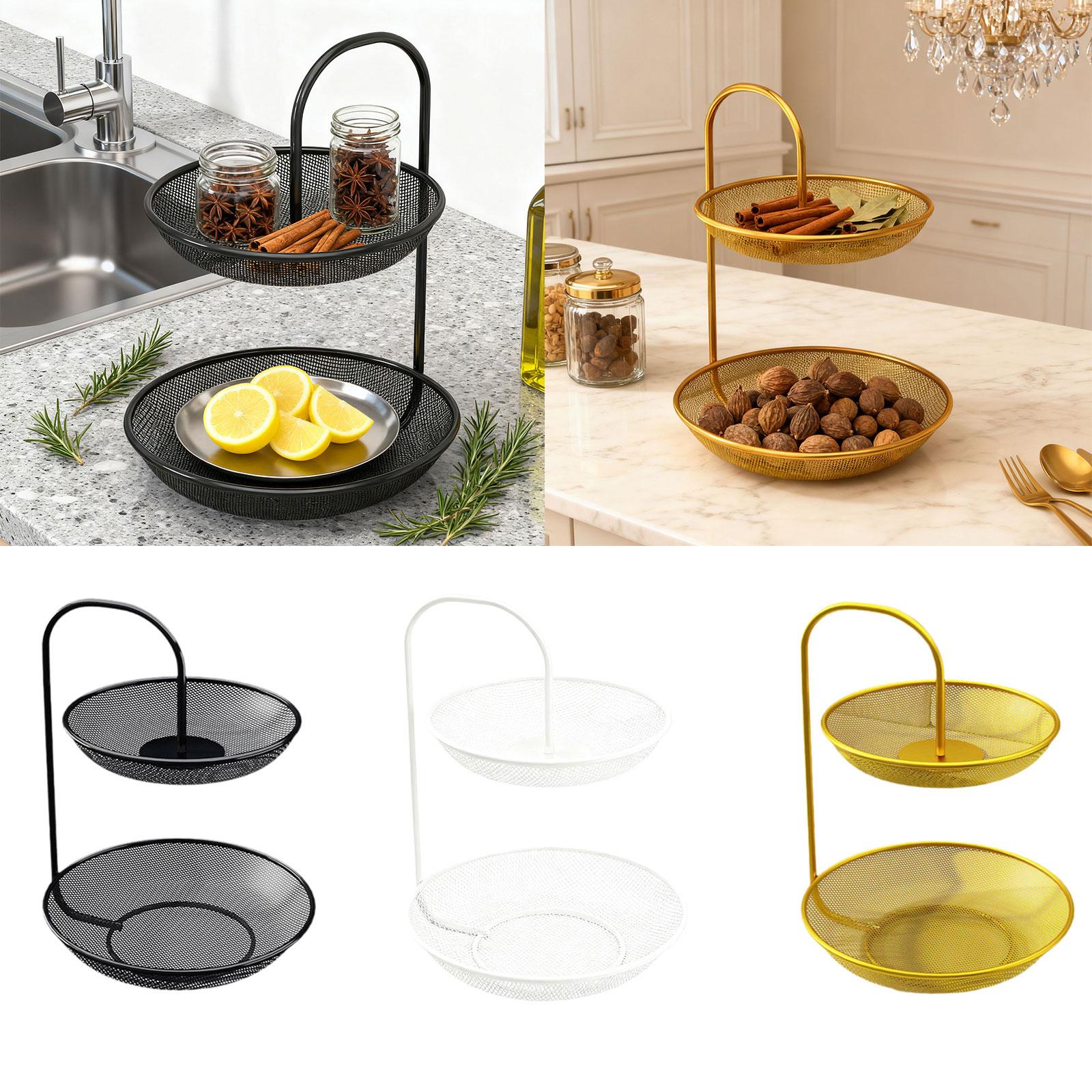 Two Tier Iron Fruit Basket Organizer Large Capacity Fruit Bowl Countertop Vegetable Bread Storage for Kitchen Home Decor nero