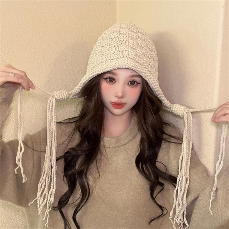 Handmade Fringed Braids Hat Y2K Sweet Girl Warm Beanie Hat InsStyle Bonnet Winter Autumn Skull Hat Pullover Earflap Hat