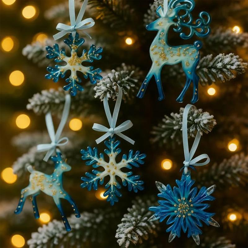 New Blue Handmade Resin Christmas Ornaments Snowflake Elk Pendant Christmas Decoration 2025 Pendant Navidad Gift