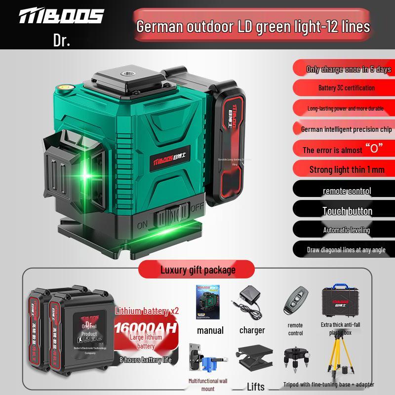 High-Precision 12-Line Outdoor Green Laser Level with Automatic Leveling for Walls and Floors