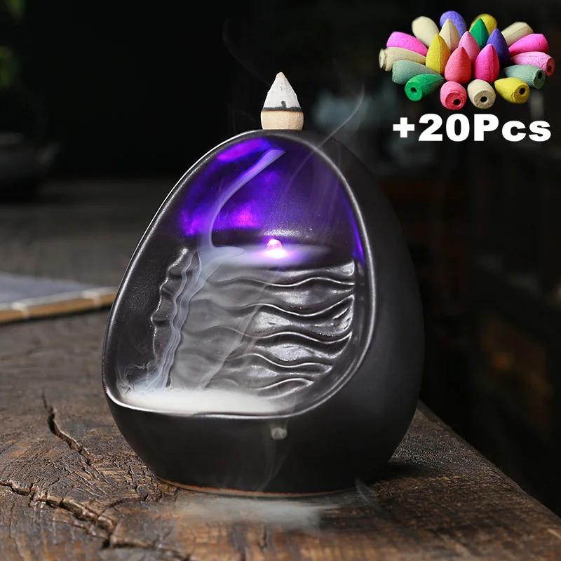 

1pc Ceramic LED Incense Holder Waterfall Incense Burner, with 20pcs Incense Cones Aromatherapy Ornament Home Decor