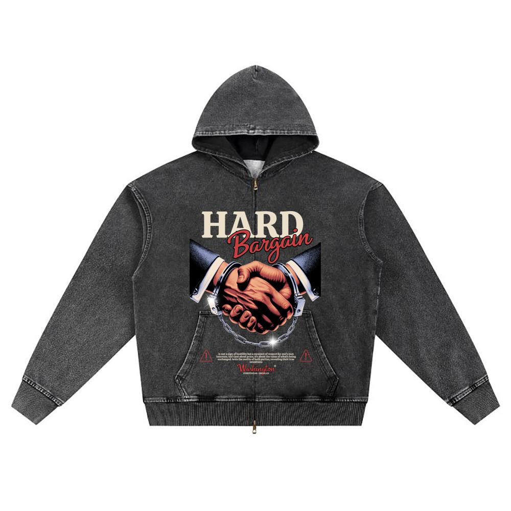 

DTG print Knitted Denim Zip-Up Hoodie Hard Bargain Brother Print Zipper Hoodies S