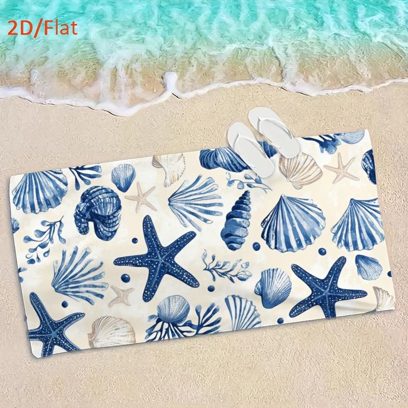 Dream of The Ocean Beach Towel, Blue Shell Starfish 2D Flat Design Quick Dry Absorbent for Coastal Vacations Outdoor Travel