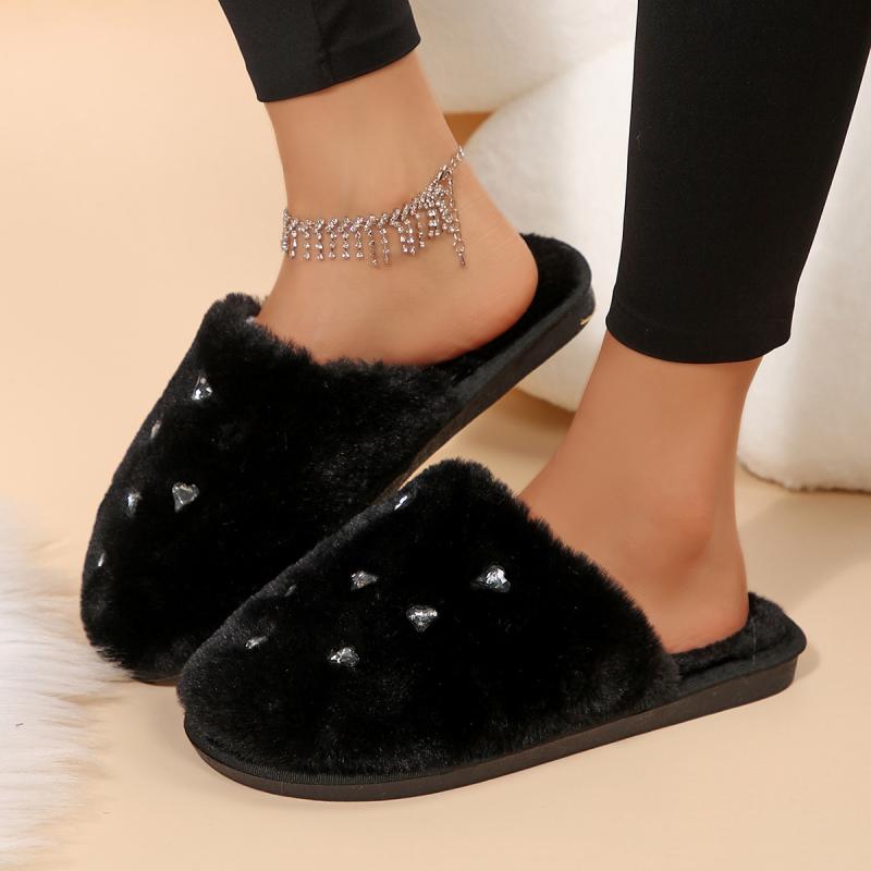 Fashion Sweet Glitter Heart Furry Mules Slippers Women 2025 Winter Warm Short Plush Cover Toe Slippers Soft Faux Fur Indoor Slippers